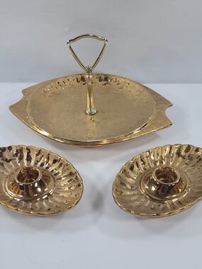 MCM Bel-Terr Weeping Gold 22k Tray W Handle 2 Taper Candle Holders Set USA